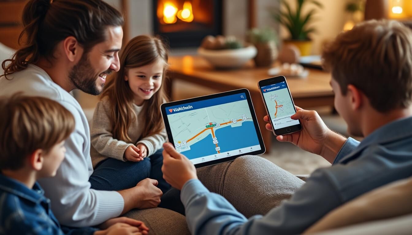 Famille utilisant itinéraire Michelin pour préparer le trajet des vacances