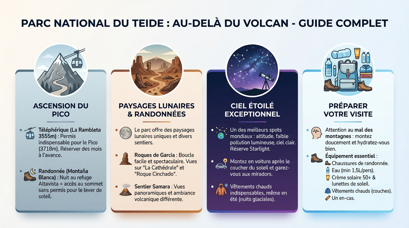 Paysage lunaire du Parc National du Teide avec le volcan en arrière-plan et des formations rocheuses au premier plan