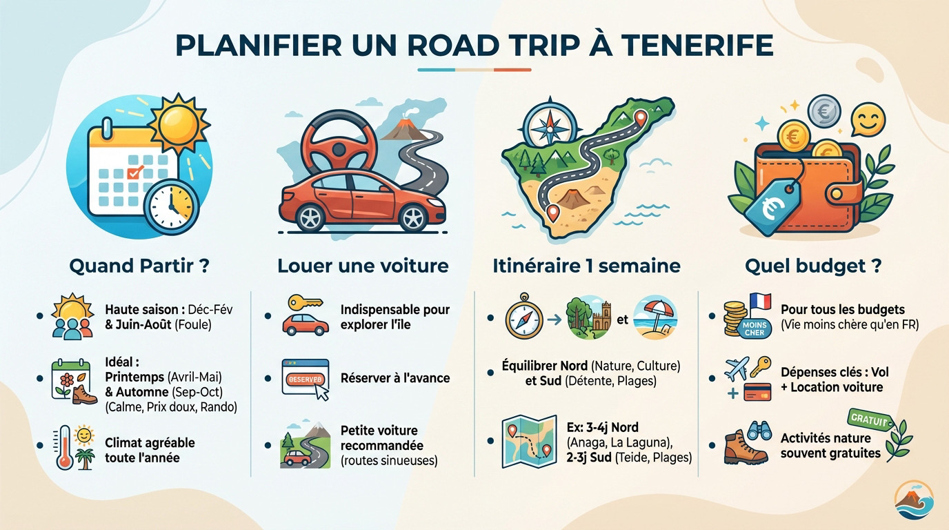 Carte routière et accessoires de voyage pour préparer un road trip à Tenerife