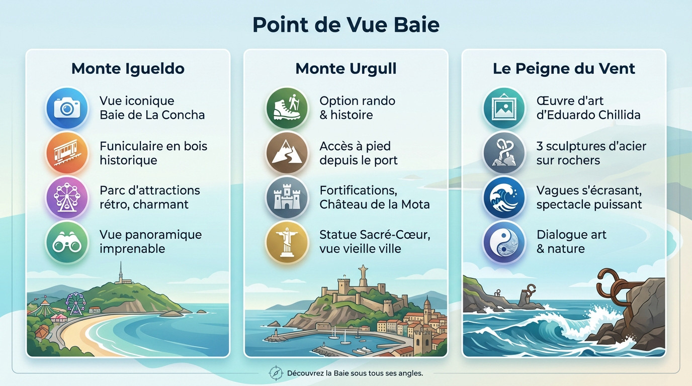 Vue panoramique imprenable sur la baie de la Concha et l'île Santa Clara depuis les hauteurs