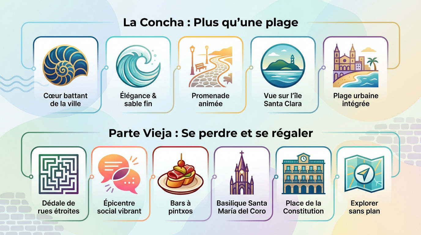 Vue panoramique sur la baie de La Concha et les toits de la Parte Vieja à San Sebastián