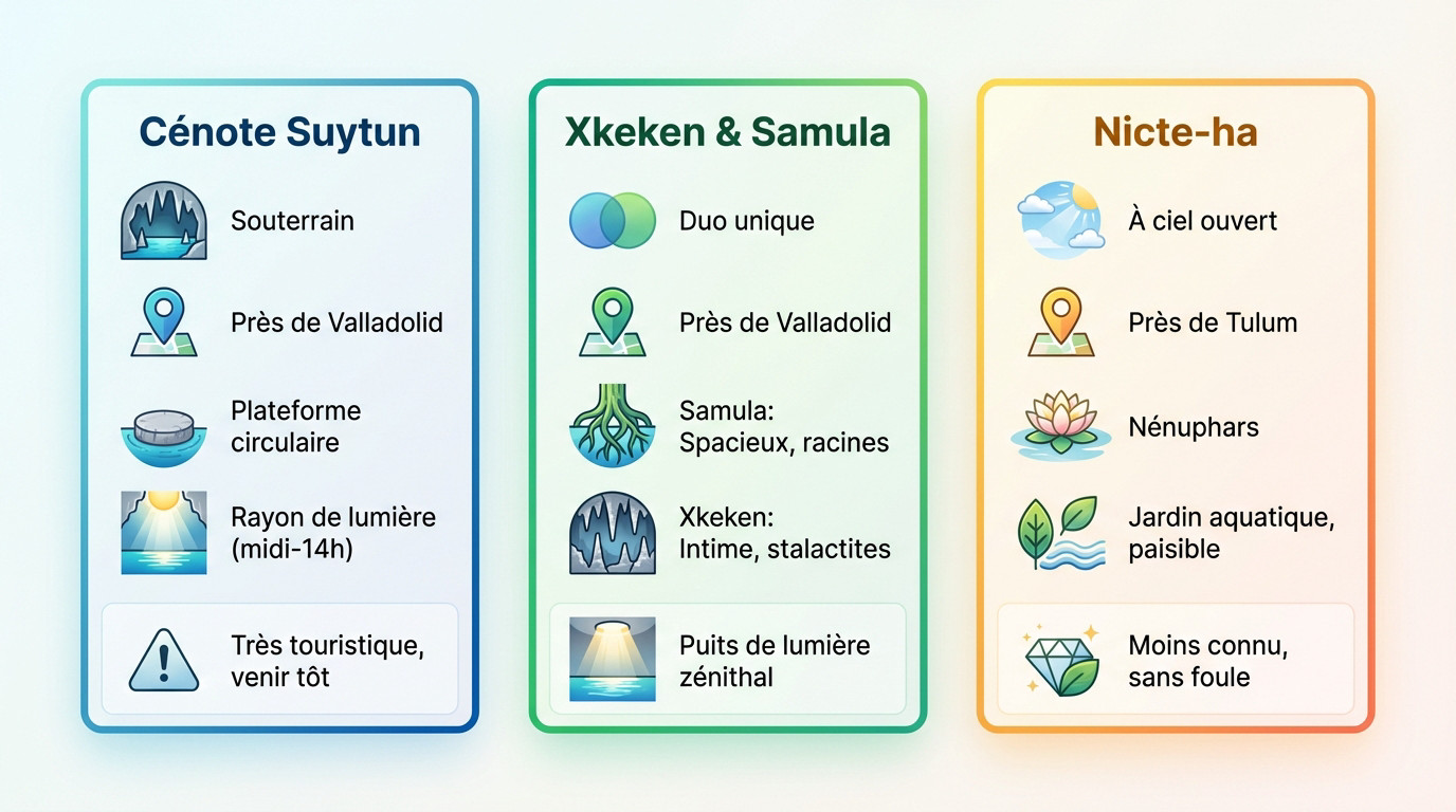Infographie comparative des cénotes du Yucatán pour choisir son spot idéal