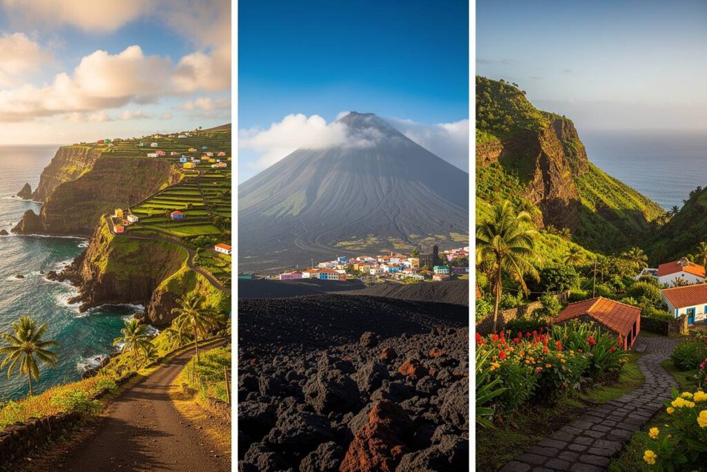 triptyque  des paysages du cap vert avec Santiago, Fogo, et Brava
