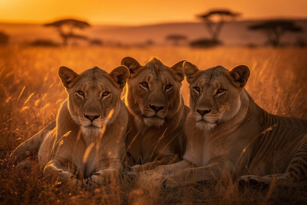 safari au Kenya, lionnes au coucher du soleil